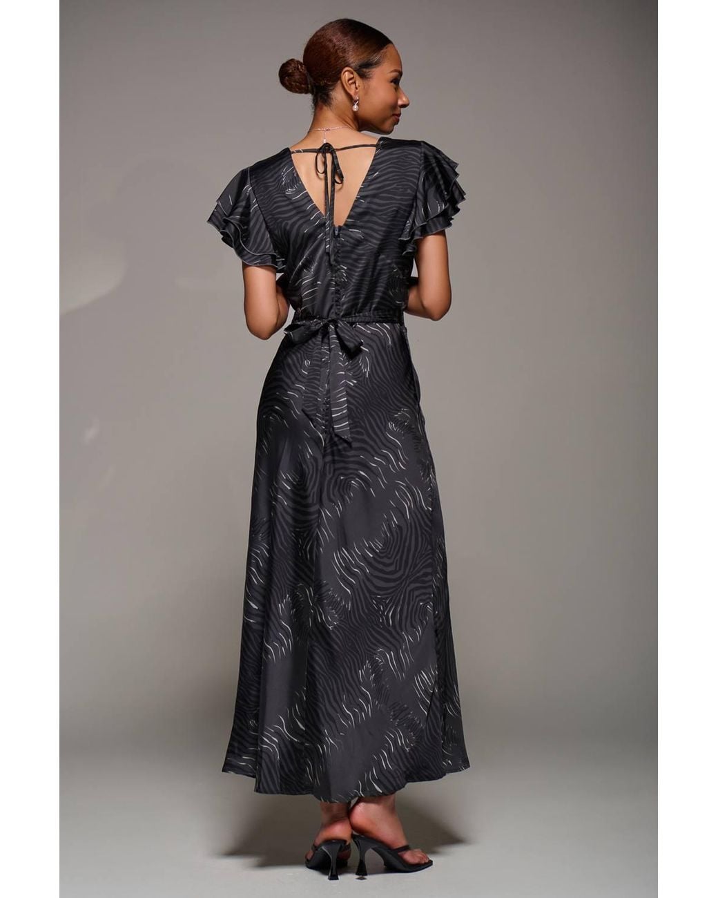 Jolie Moi Blue Ruffle Sleeve Print Satin Maxi Dress