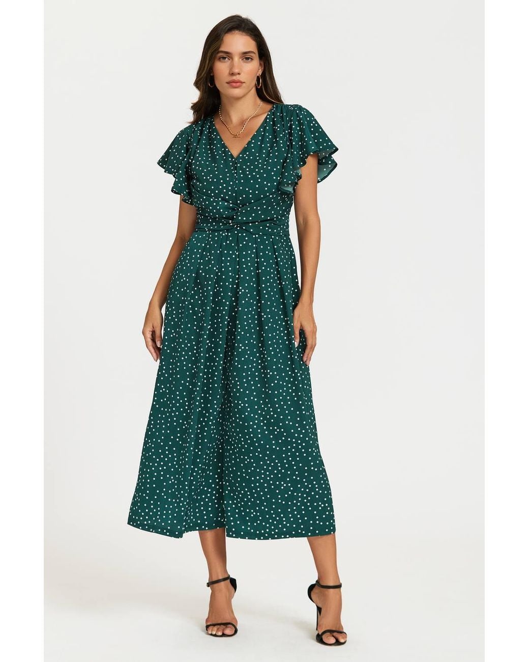 FS Collection Green Polka Dot Angel Sleeve Twist Jumpsuit