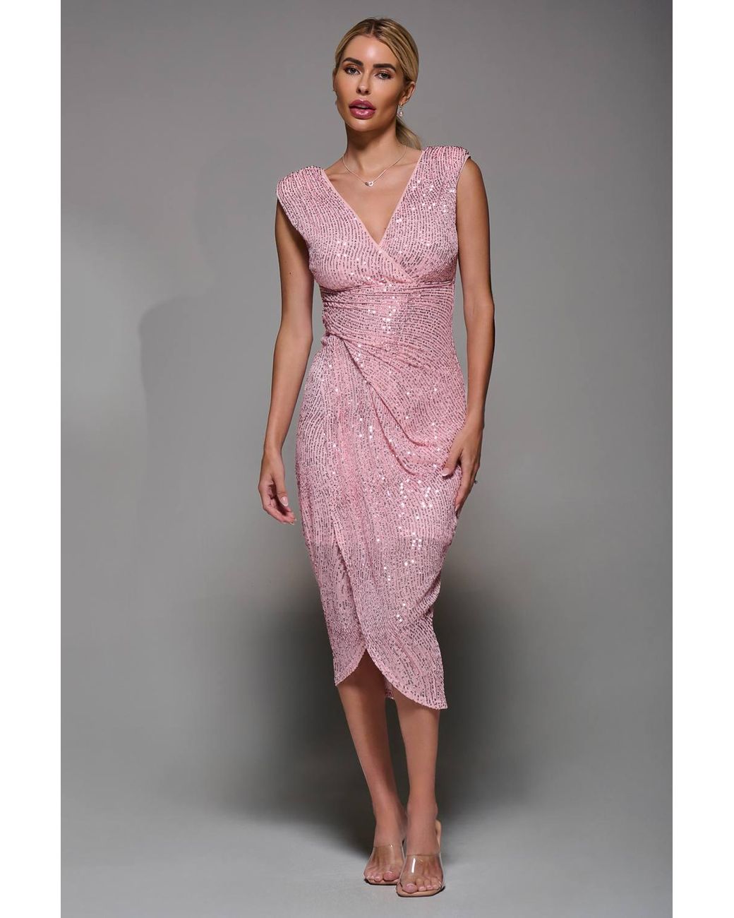 Jolie Moi Gray Sequin V Neck Ruched Wrap Bodycon Dress