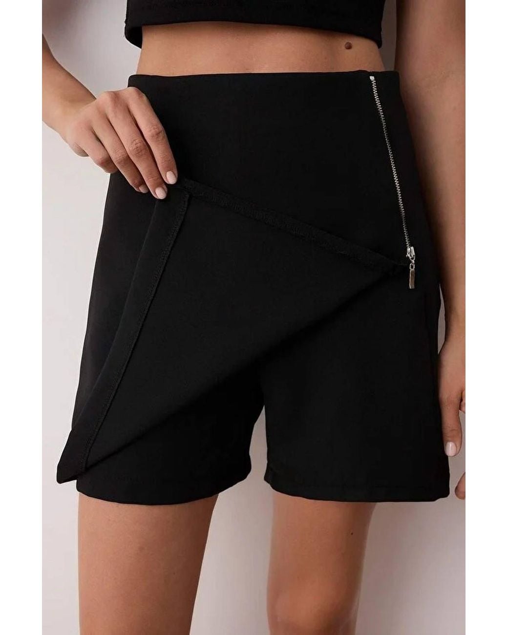 WOVCOR Black Woven Mini Skort W/ Asymmetric Overlay & Zip Detail