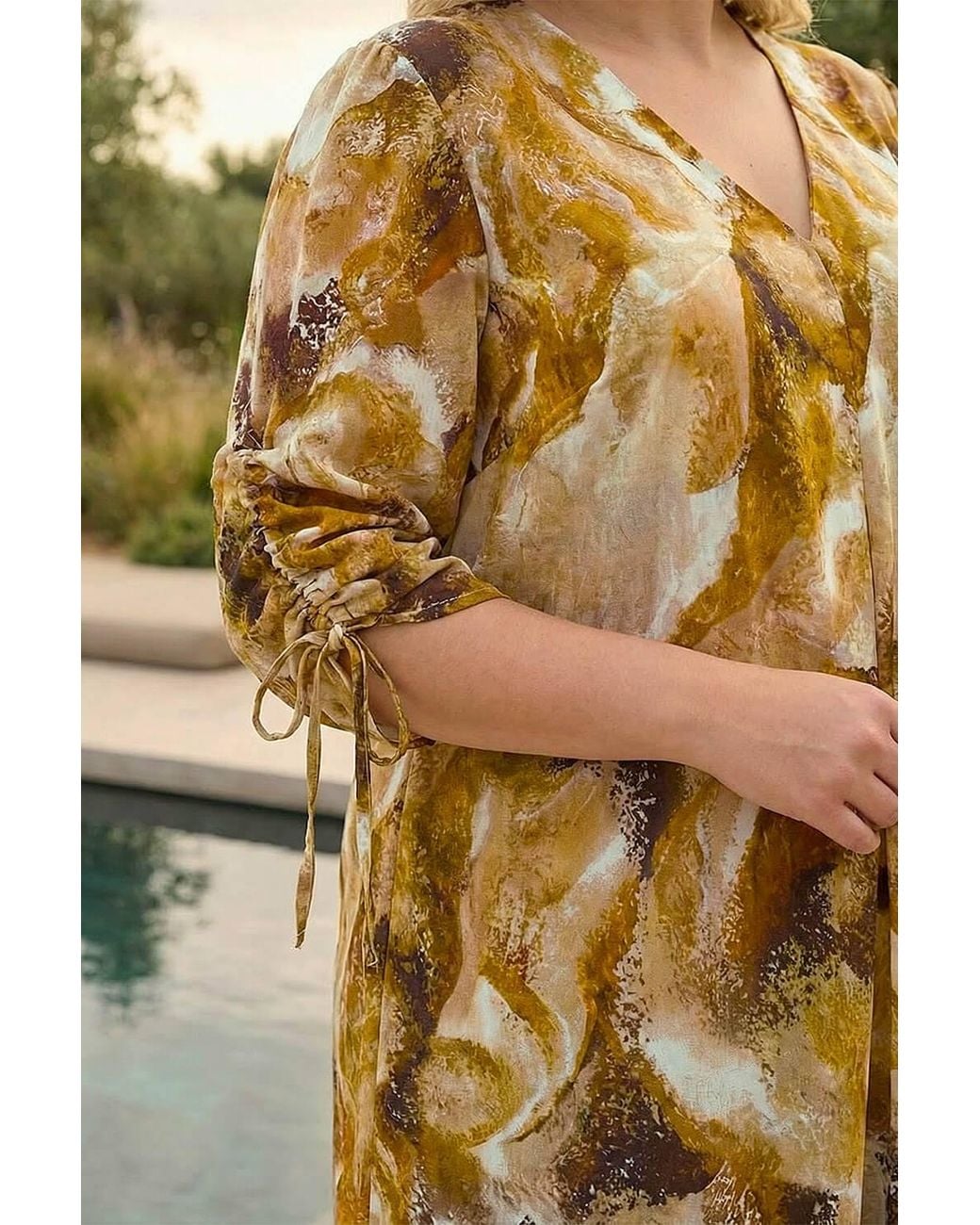 Roman Brown Curve Swirl Print V-Neck Midi Dress