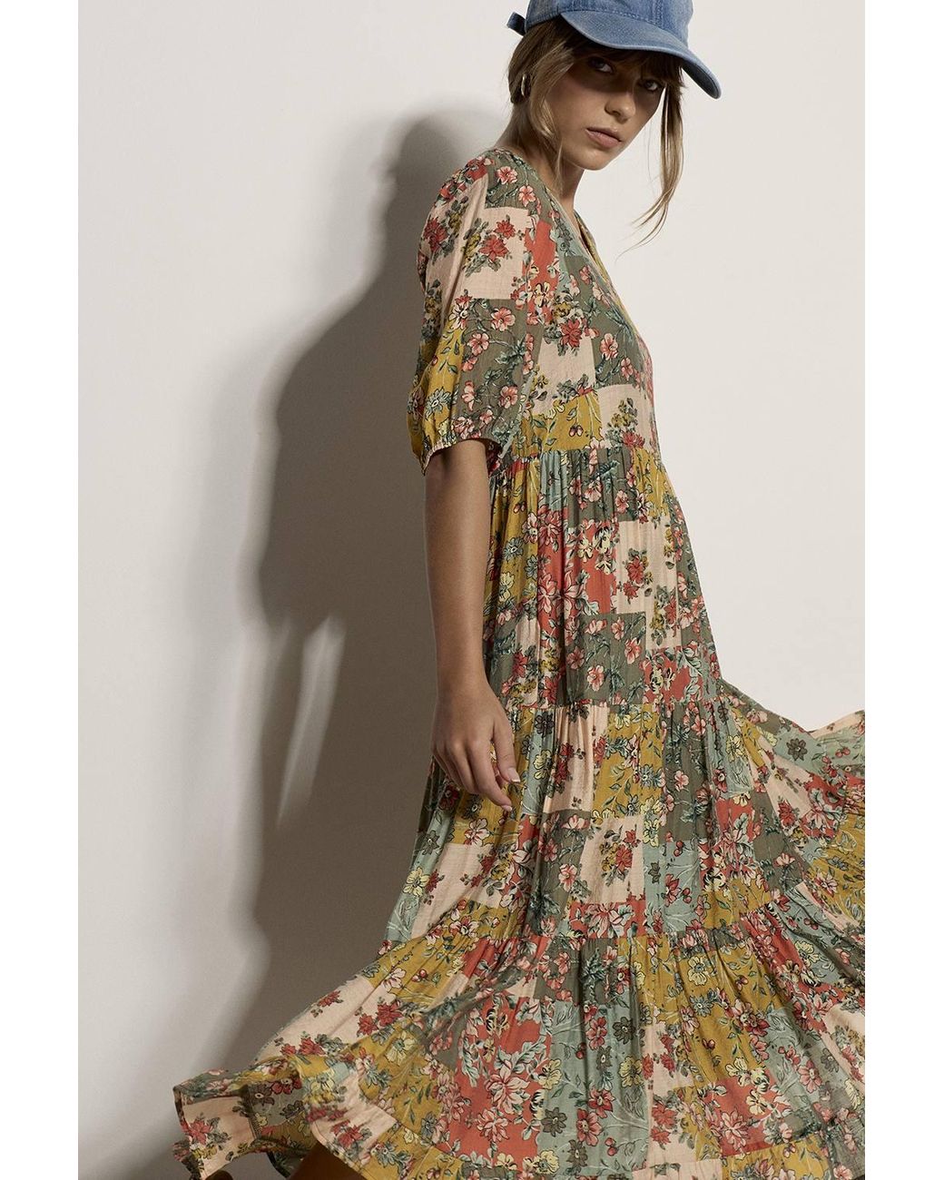 Apricot Green Patchwork Floral Midi Dress