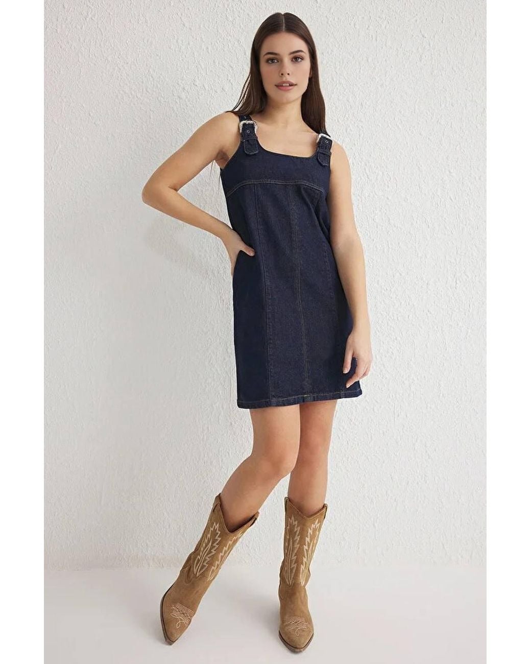 WOVCOR Blue Buckled Adjustable Strap Mini Denim Dress