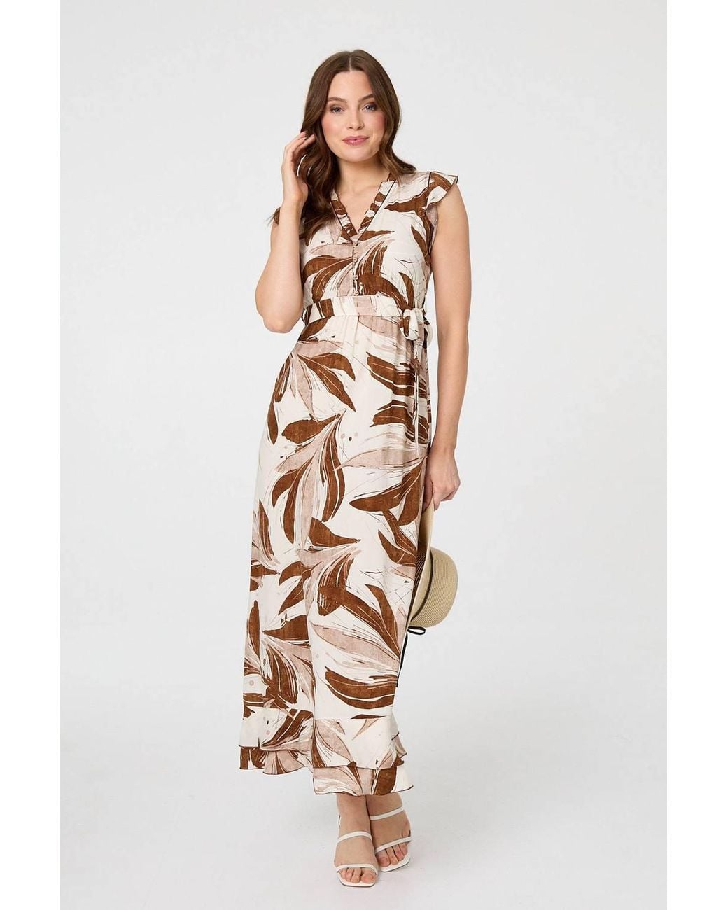 Izabel London White Leaf Print Layered Tie Waist Maxi Dress