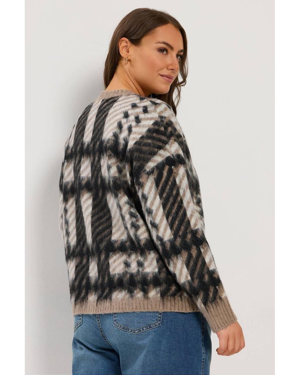 Yours Brown Check Crew Neck Cardigan