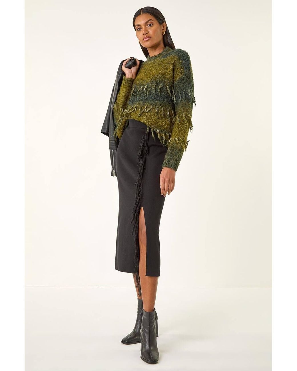 Roman Black Fringe Side Knit Midi Pencil Skirt