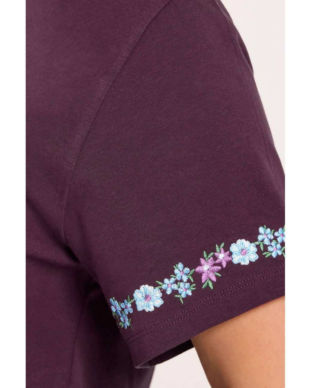 Yours Purple Embroidered Floral Sleeve Detail T-Shirt