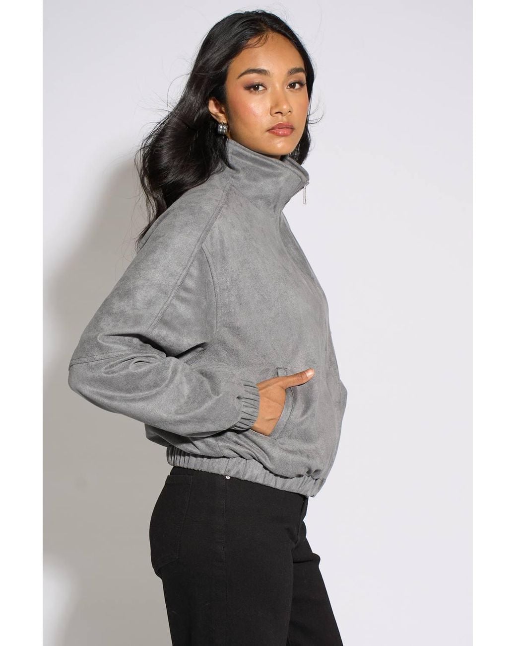 Gini London Gray Faux Suede Funnel Neck Bomber Jacket
