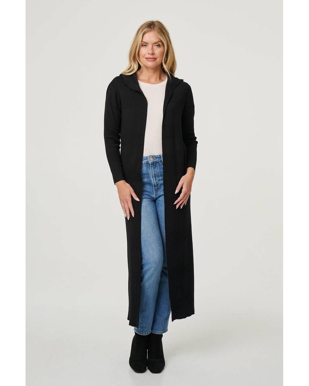 Izabel London Blue Hooded Open Front Longline Coat