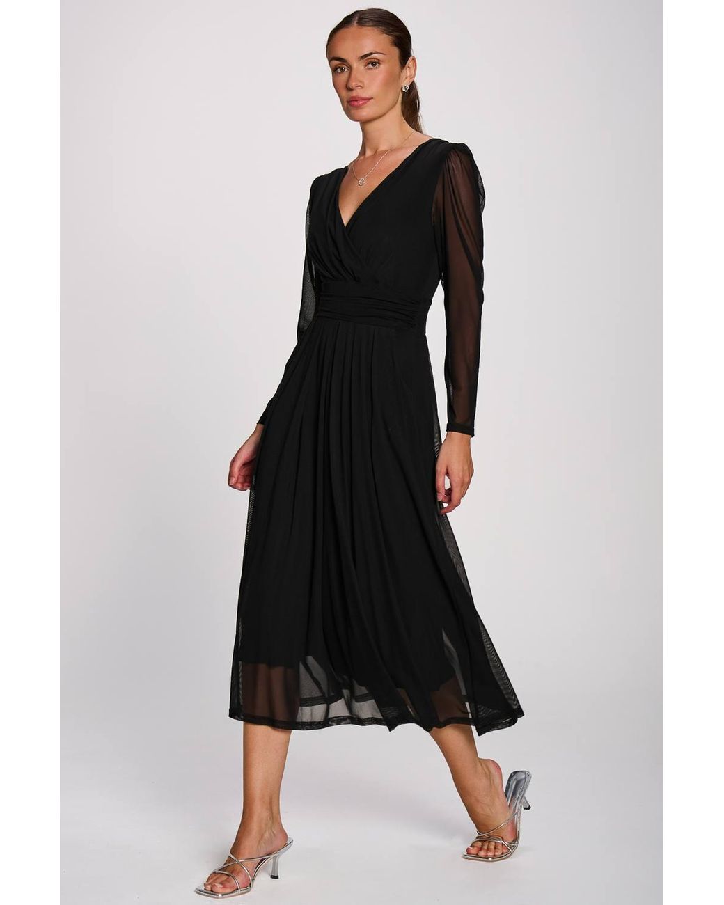Jolie Moi Black Mesh Long Sleeve Pleated Maxi Dress