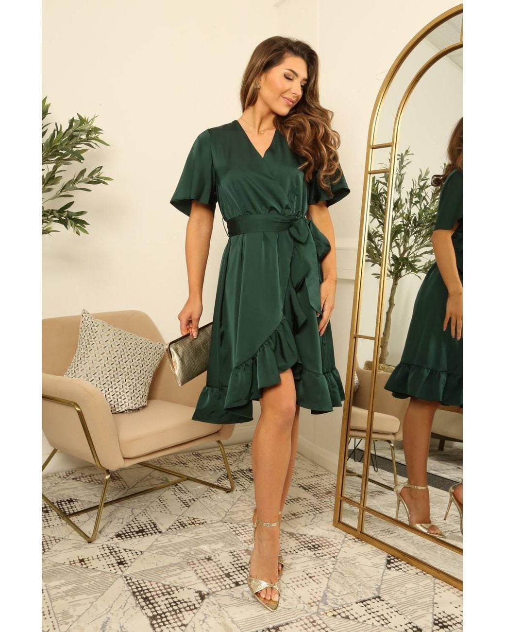 Double Second Green Frill Wrap Dress W/ Tea Sleeve