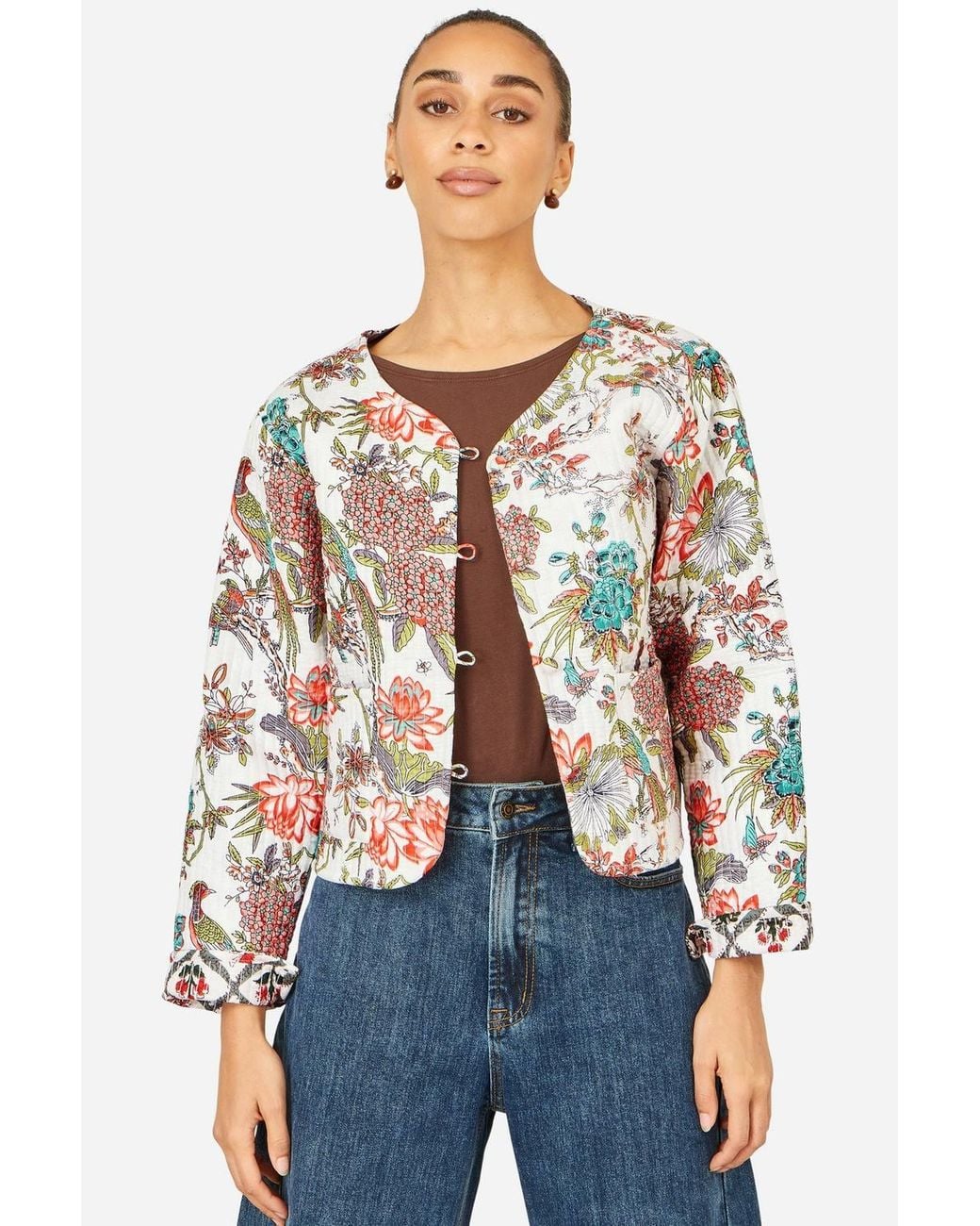 Yumi' Blue Peacock Print Reversible Cotton Quilted Jacket