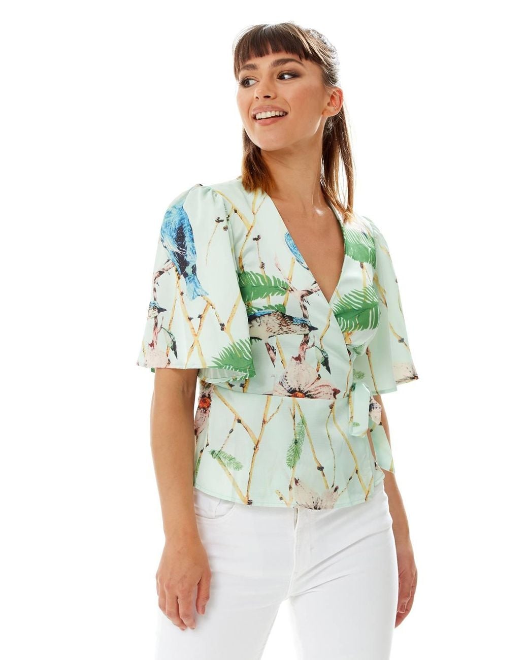 Liquorish Green Bird Print Wrap Top