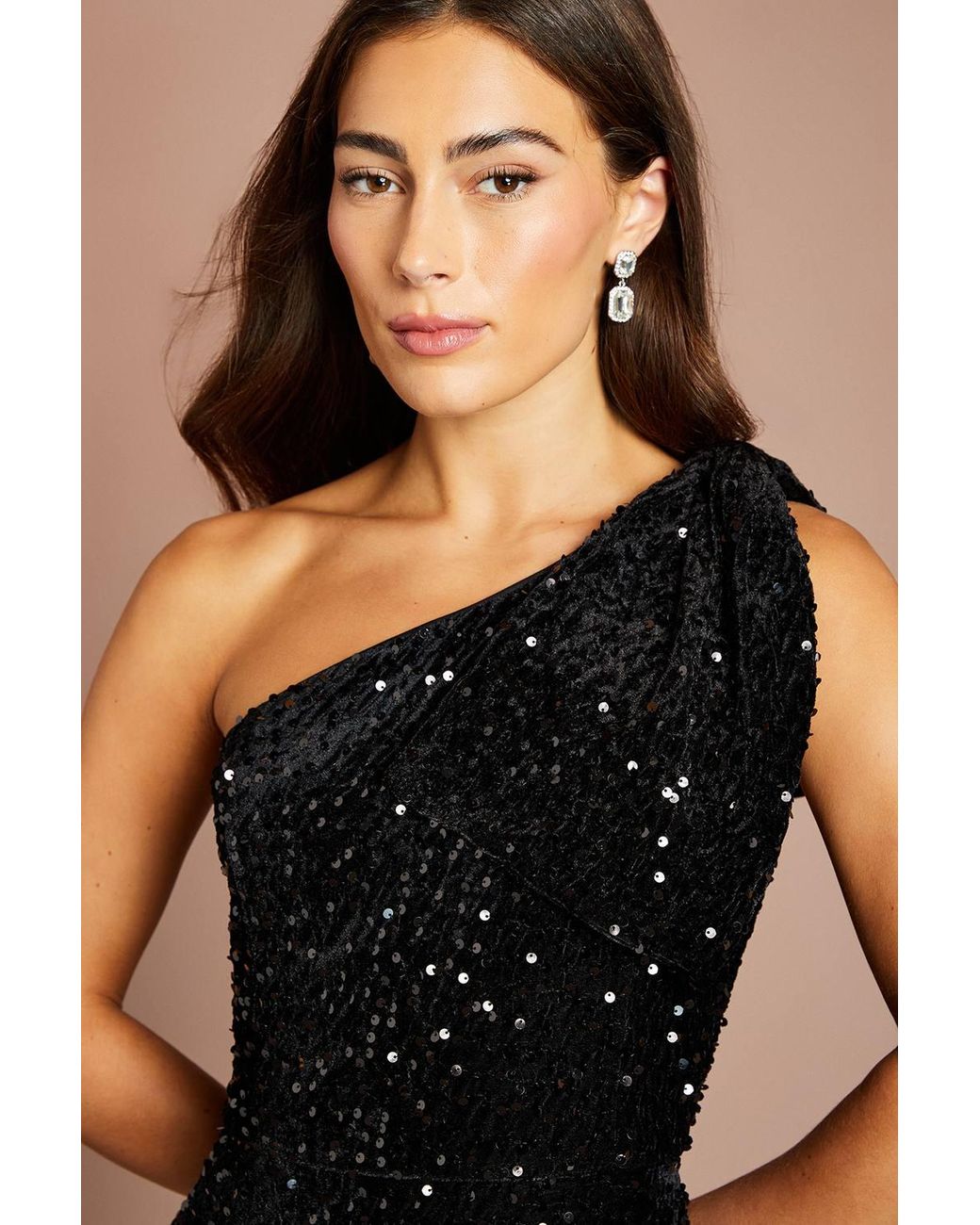 Coast Black Bow One Shoulder Velvet Sequin Maxi Dress