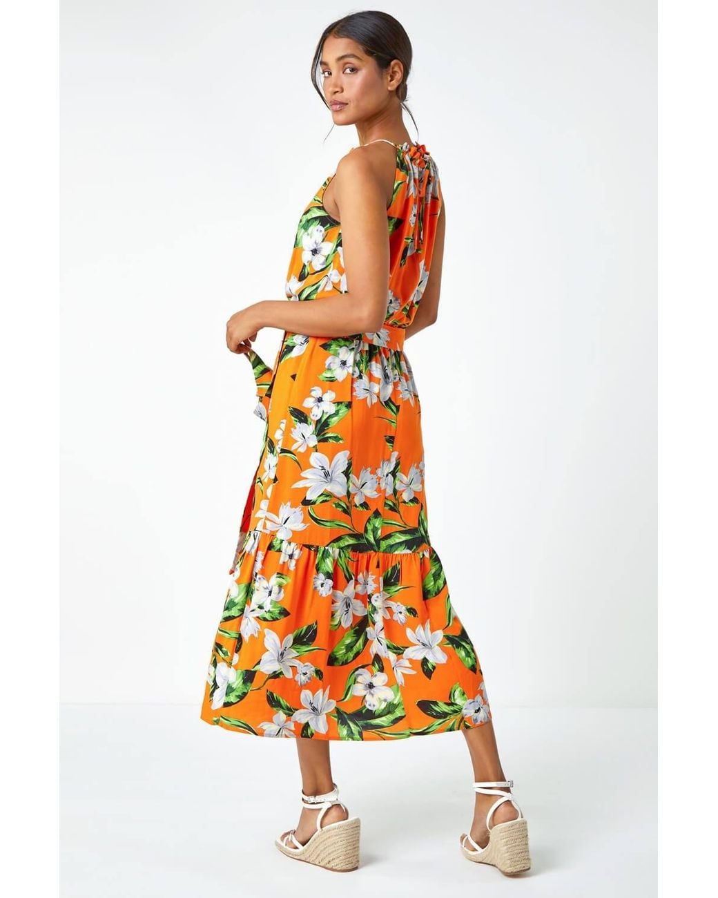 Roman Orange Tropical Floral Halter Neck Tiered Dress