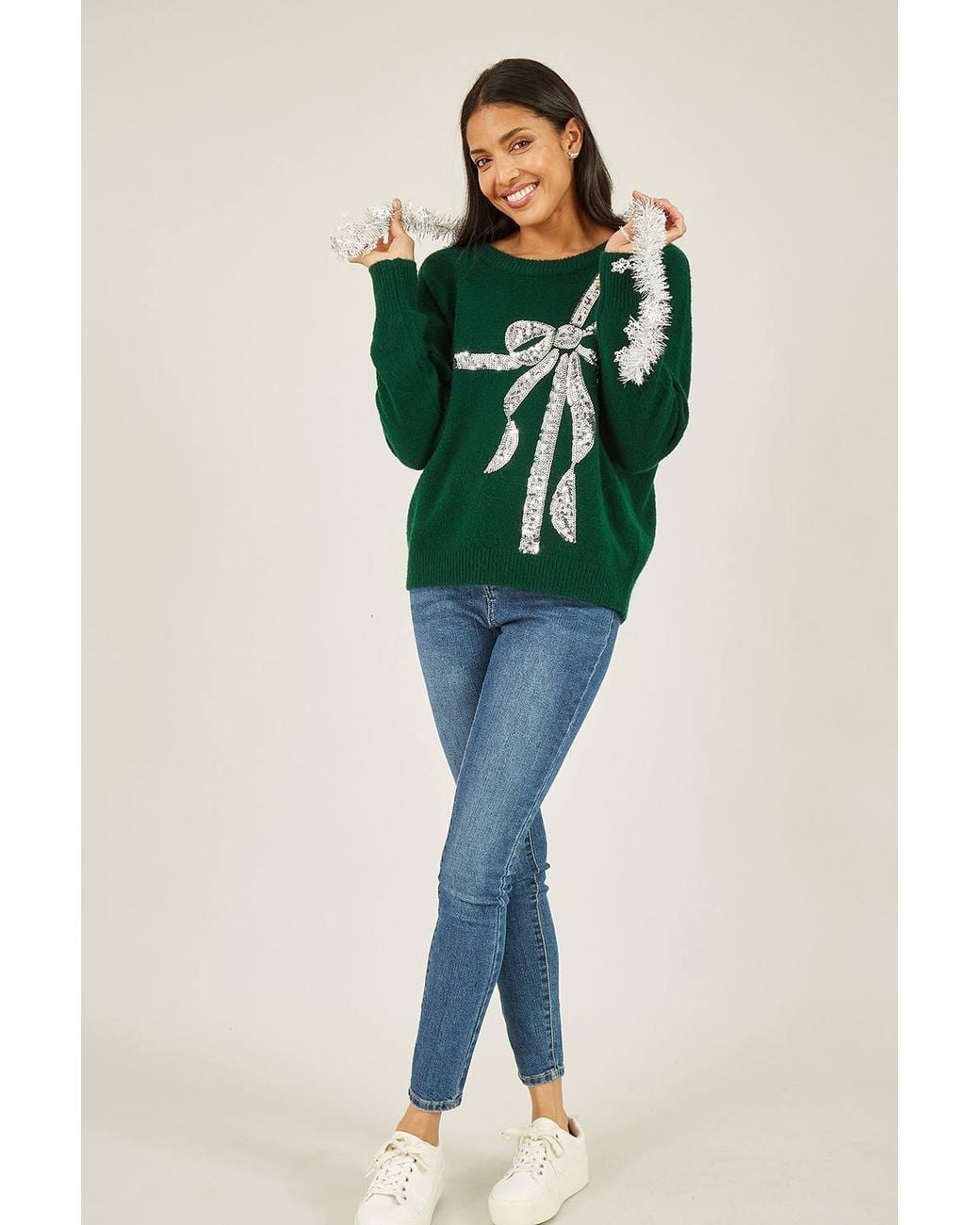 Yumi' Green Sequin Bow Knitted Jumper