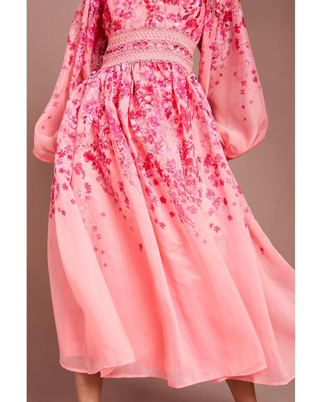 Coast Pink Organza Floral Placement Lace Trim Midaxi Dress