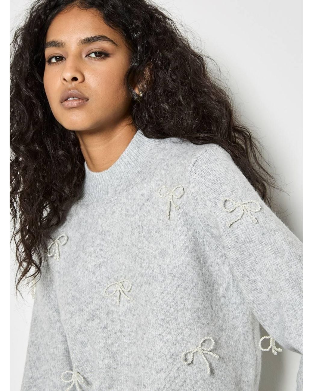 Apricot Gray Faux Pearl Bow Embellished Jumper
