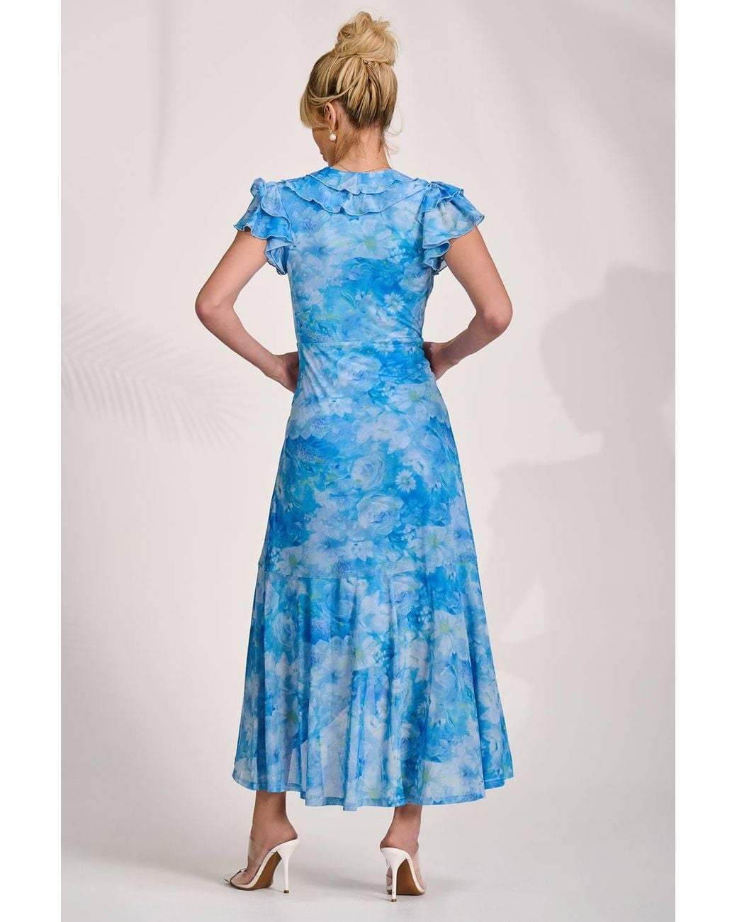 Jolie Moi Blue Ruffled Mesh Maxi Dress