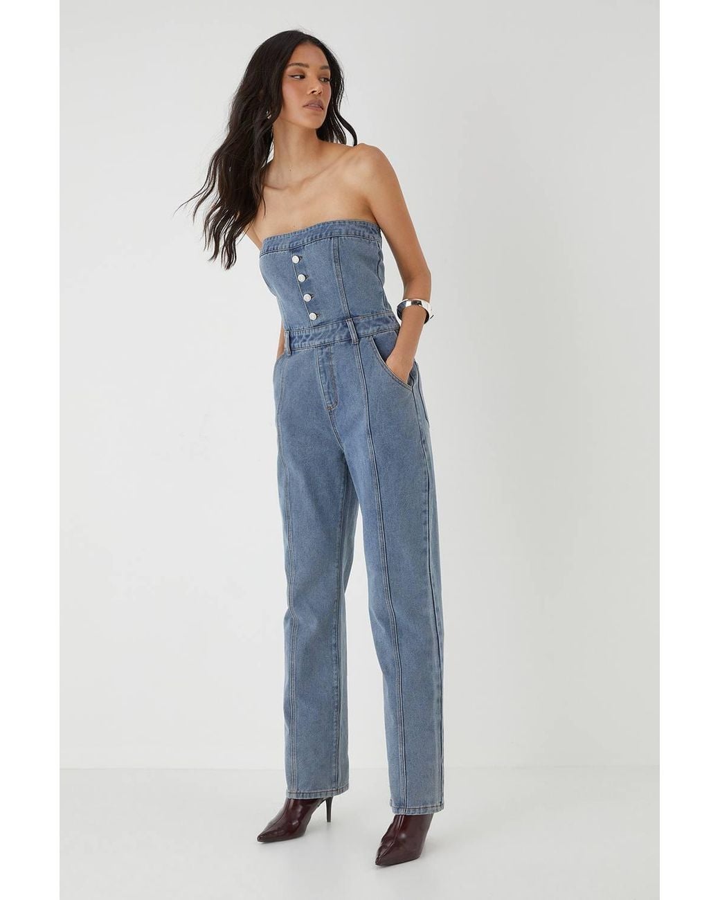 MissPap Blue Bandeau Button Up Denim Jumpsuit