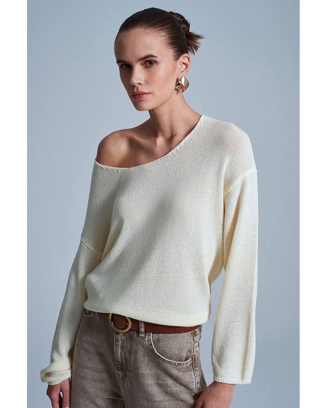 Dilvin Gray Ribbed Boat-Neck Knit Sweater