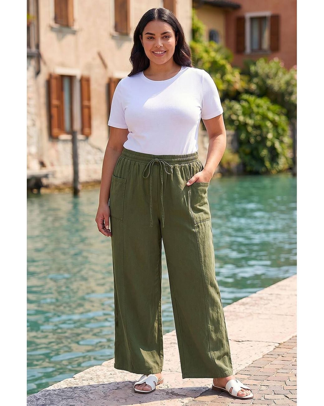 Roman Green Curve Tie Waist Pocket Trouser