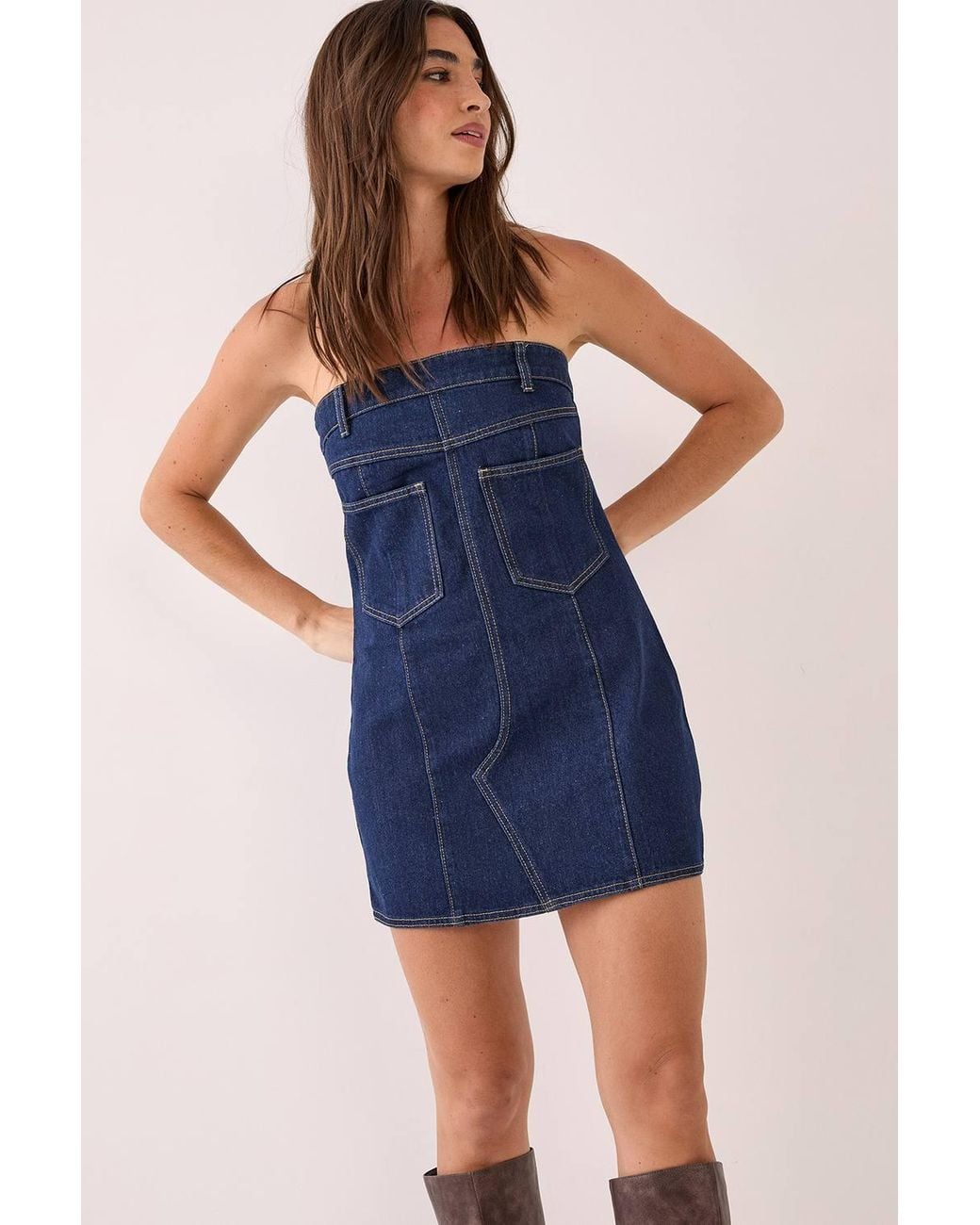 Nasty Gal Blue Bandeau Denim Pocket Mini Dress