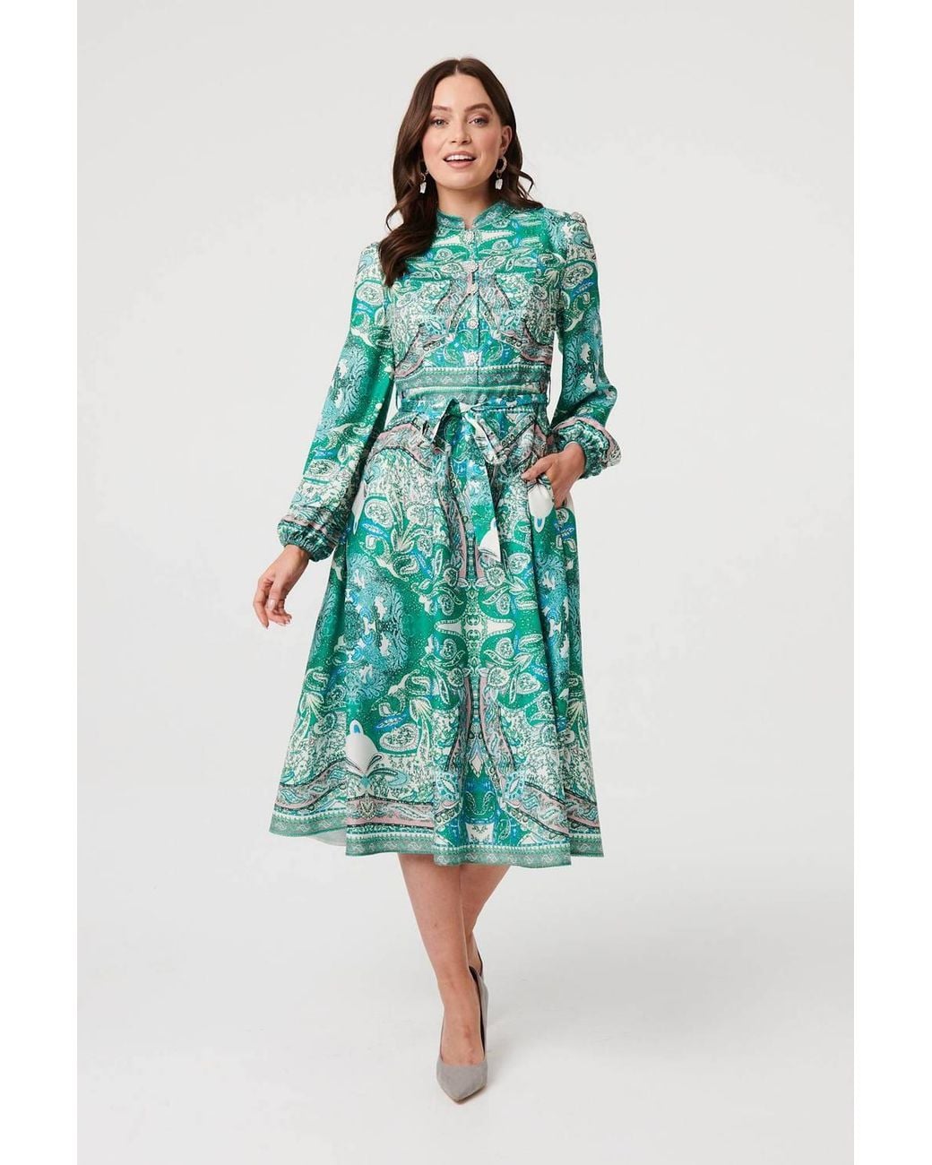 Izabel London Green Printed Long Sleeve Tie Midi Dress