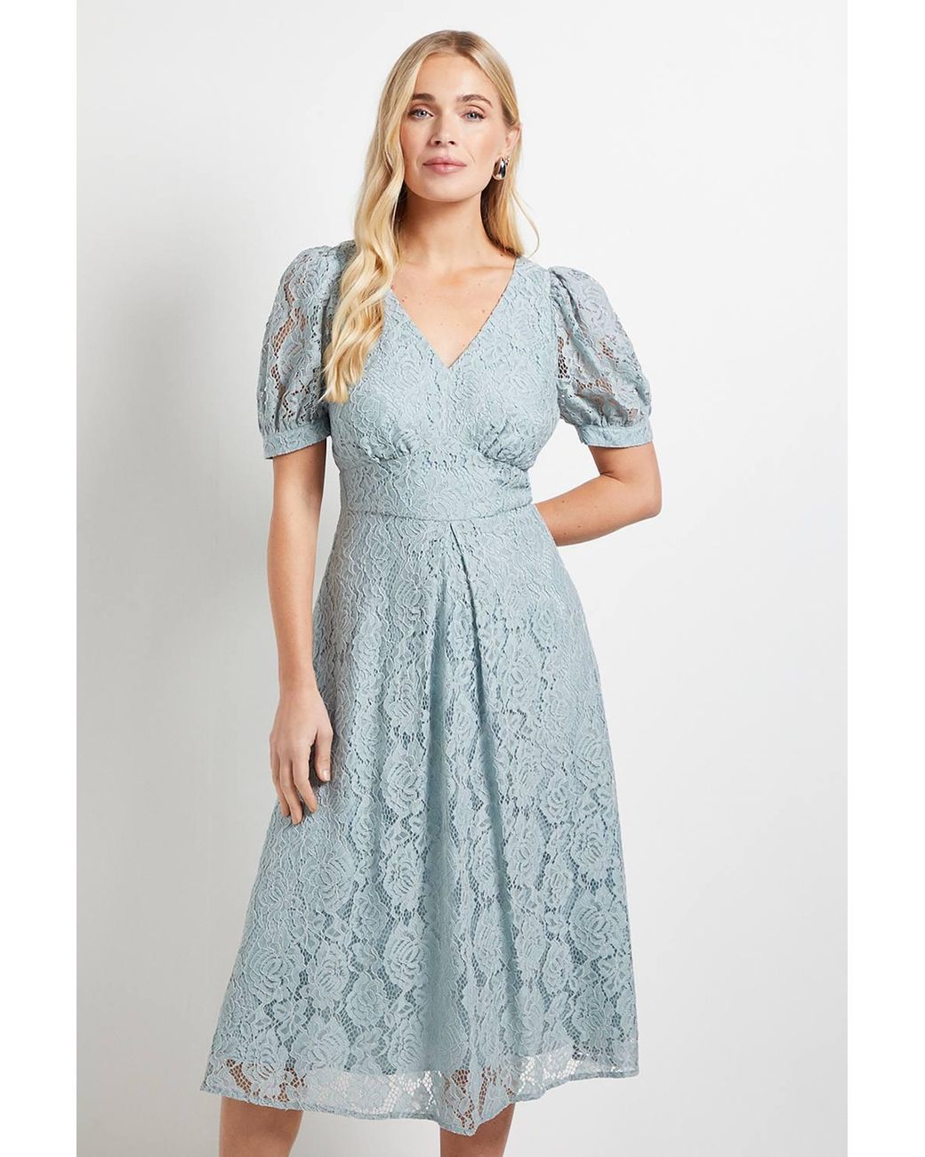 Wallis Blue Petite Lace V Neck Tea Midi Dress