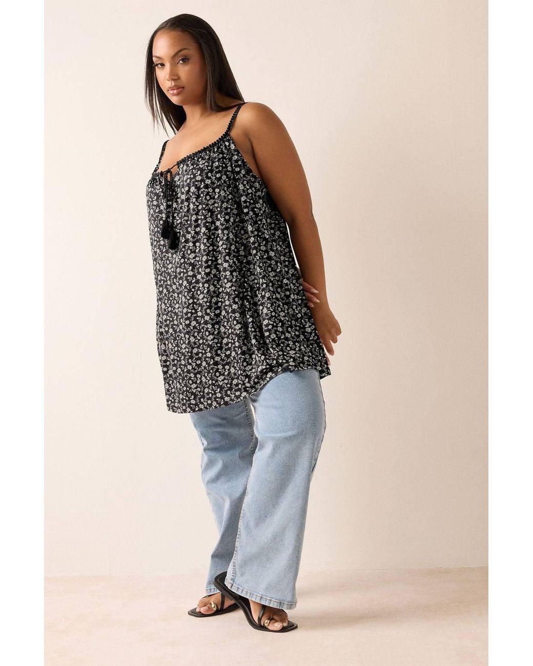 Yours Black Floral Tie Vest Top