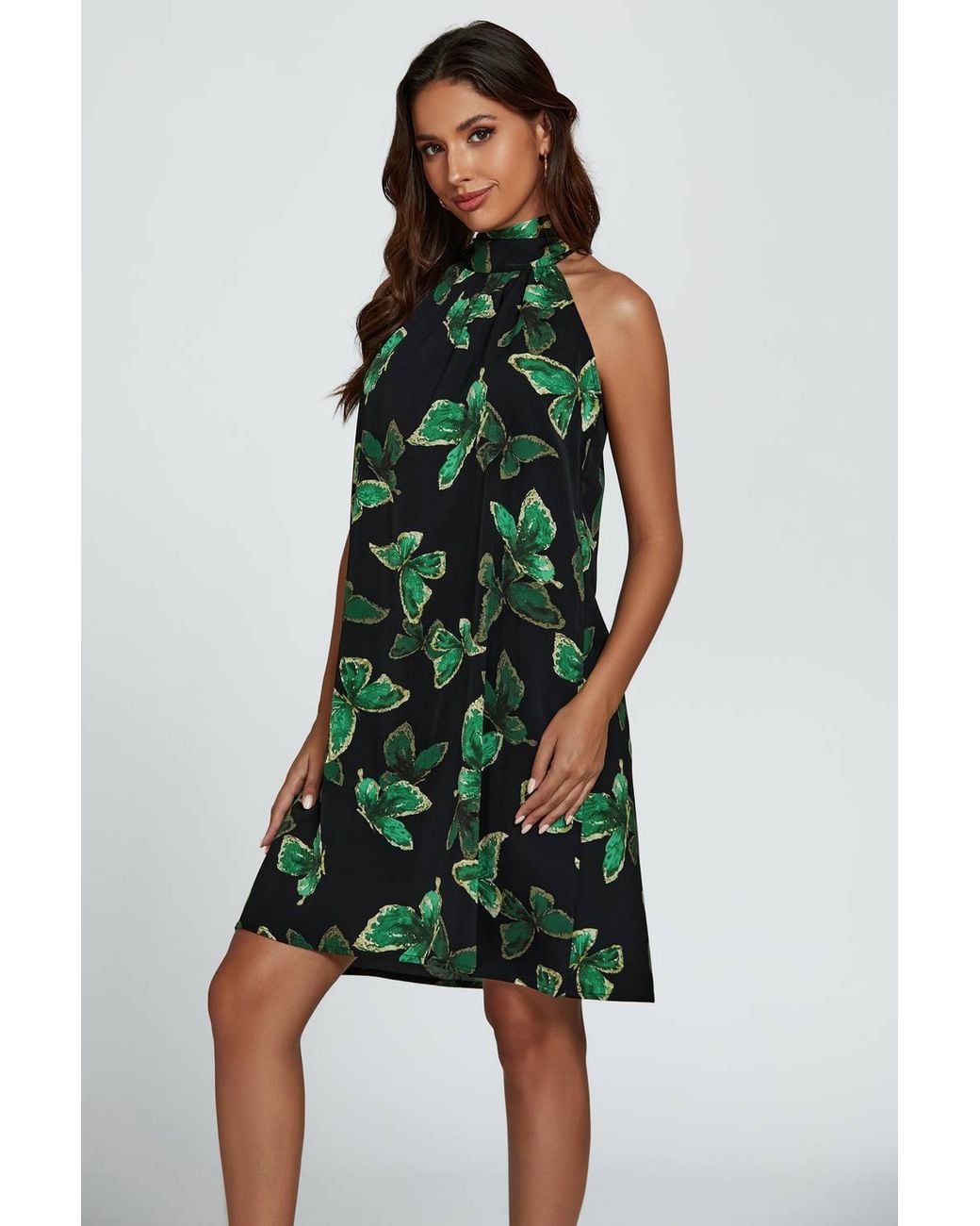 FS Collection Green Butterfly Print Halter Neck Tie Back Mini Dress