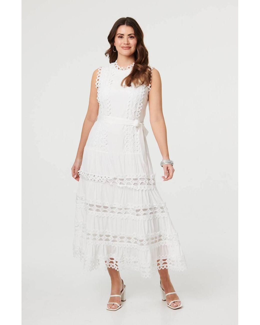 Izabel London White Lace Layer Sleeveless Tie Maxi Dress
