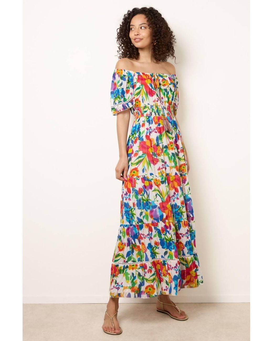Blue Vanilla White Multi Short Sleeve Slip On Bardot Maxi Dress