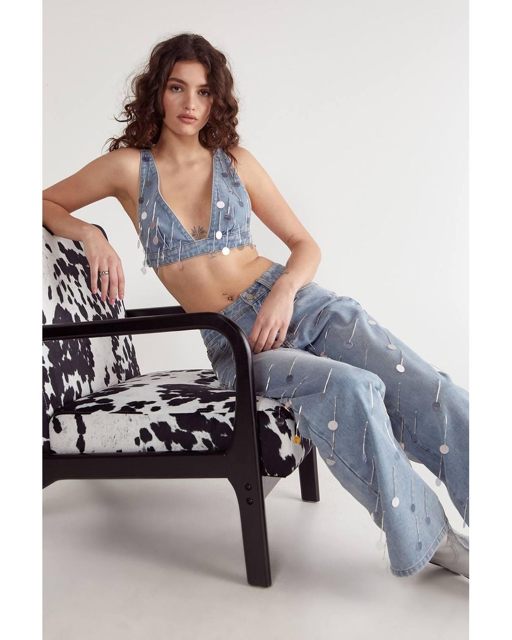 Nasty Gal Blue Bead Embellished Denim Jean