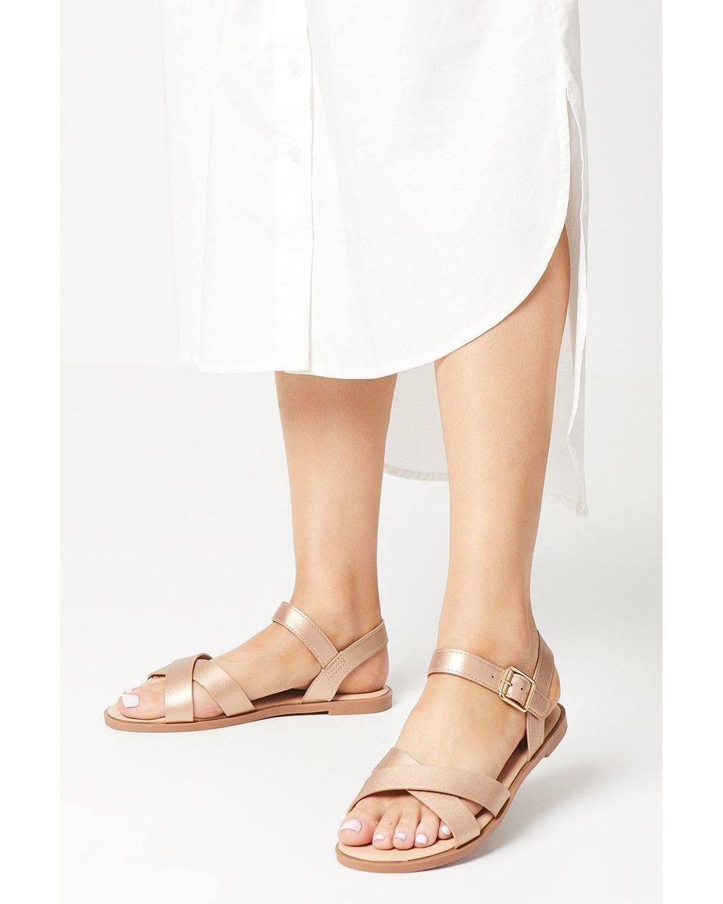 Dorothy Perkins White Wide Fit Florence Faux Leather Cross Strap Flat Sandals