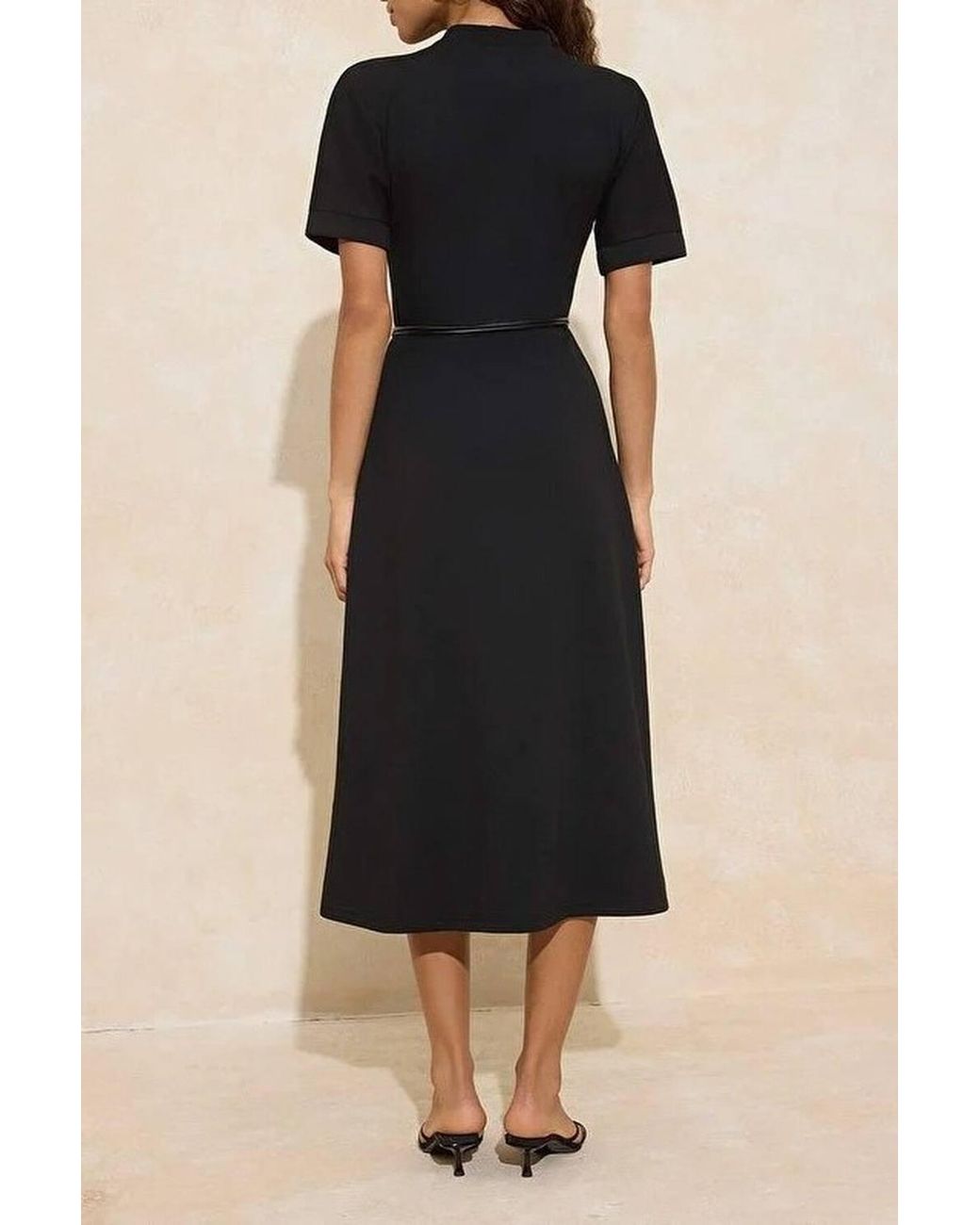 WOVCOR Natural D-Ring Belt Crew Neck Short Sleeve A-Line Midi Dress