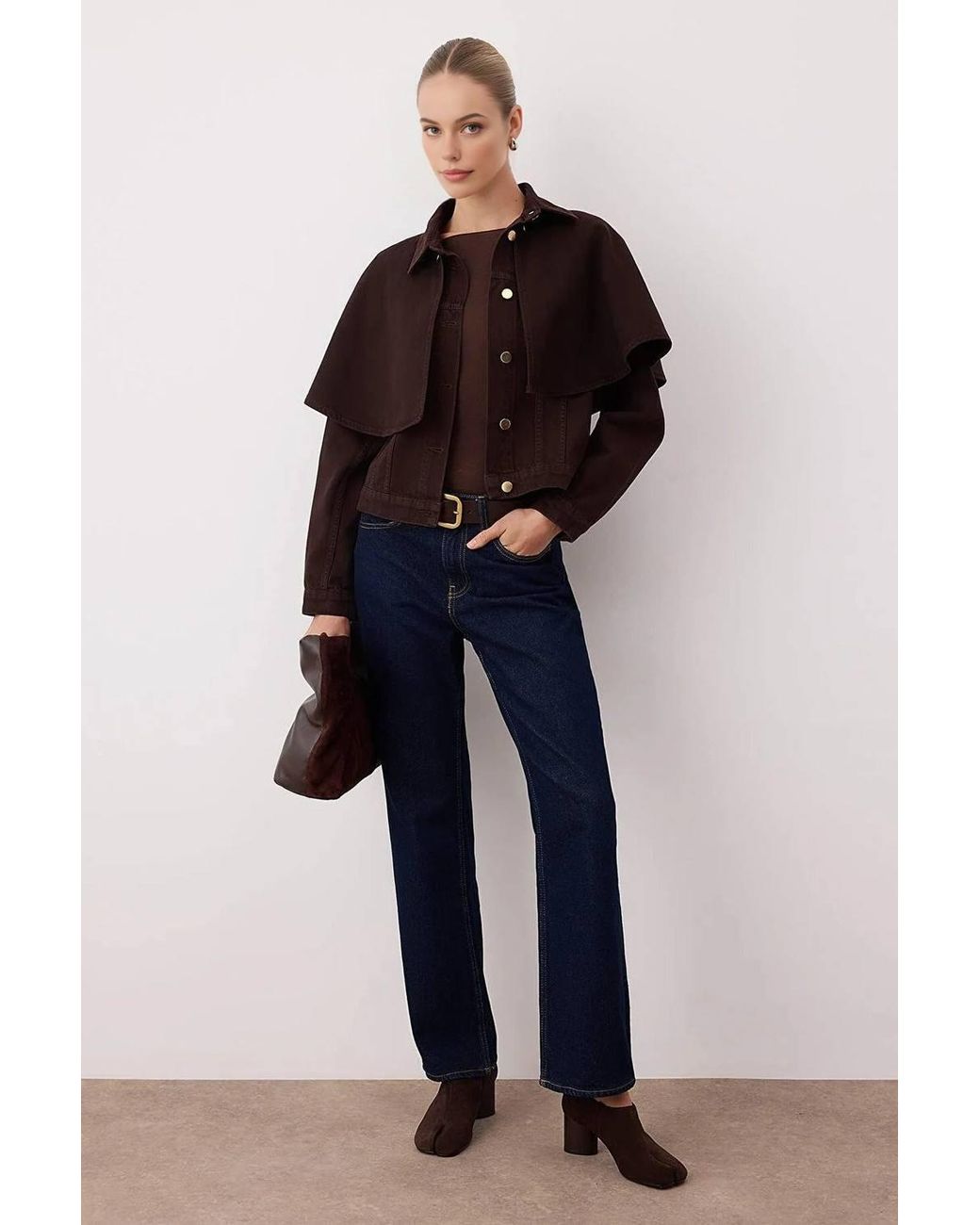 WOVCOR Brown Plain Collared Button Front Cape Jacket