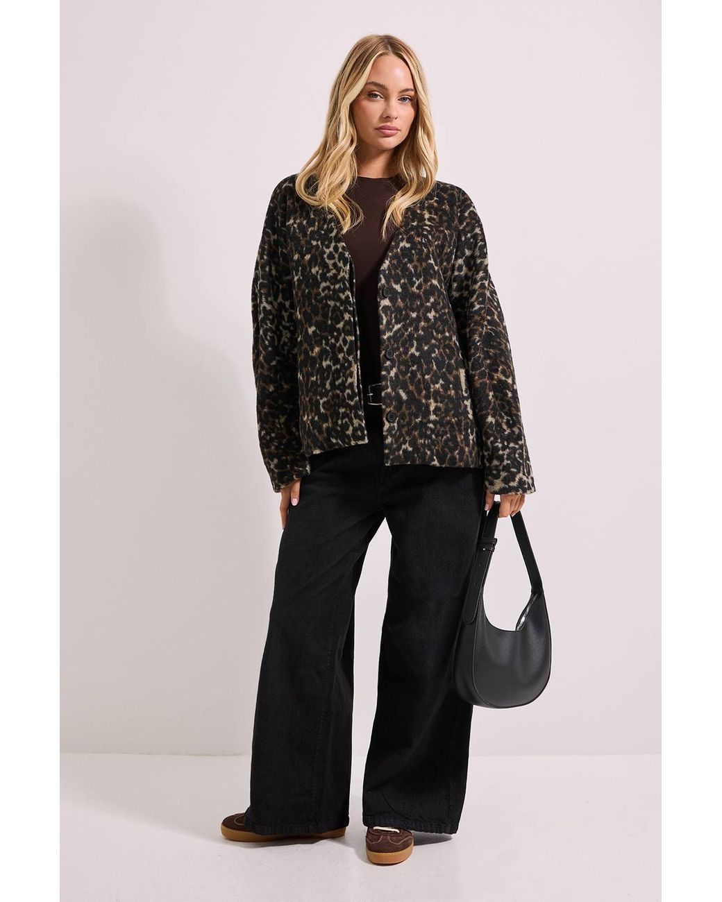 Dorothy Perkins Black Short Collarless Animal Print Coat