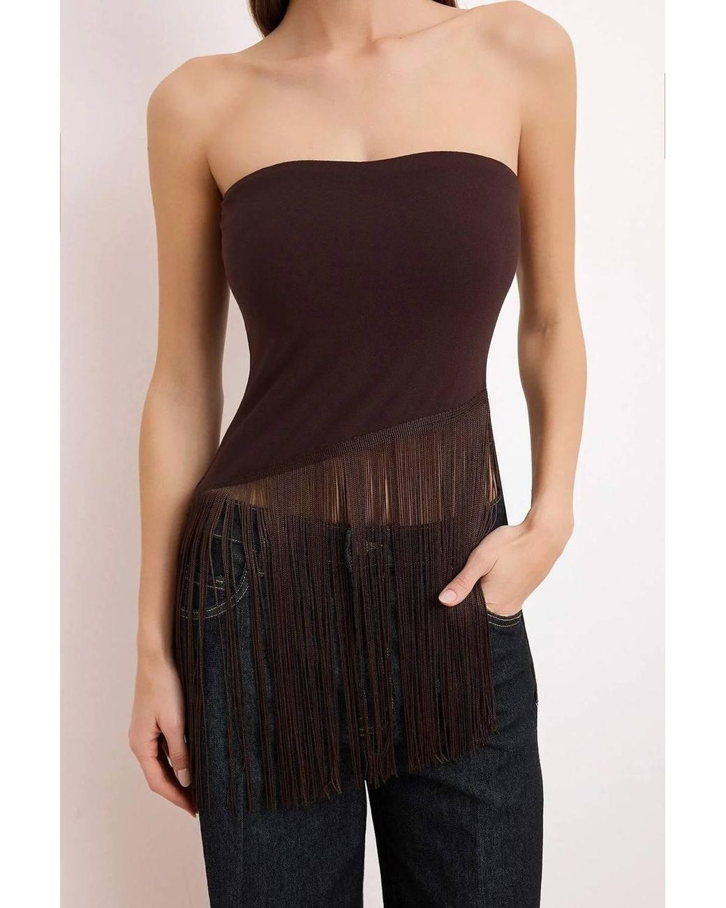 WOVCOR Brown Strapless Fitted Tassel Detail Blouse