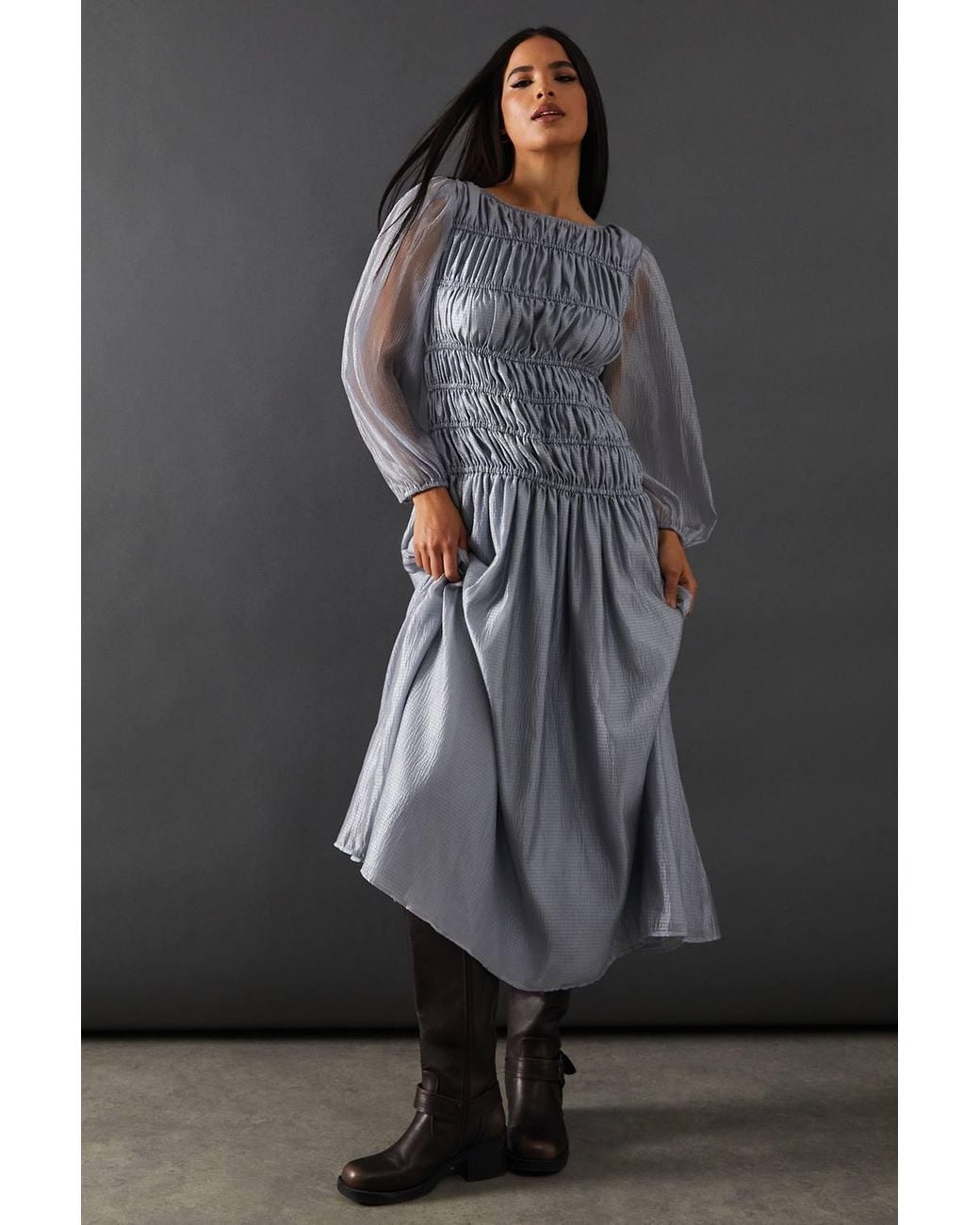 Warehouse Gray Shirred Chiffon Panel Bodice Midi Dress