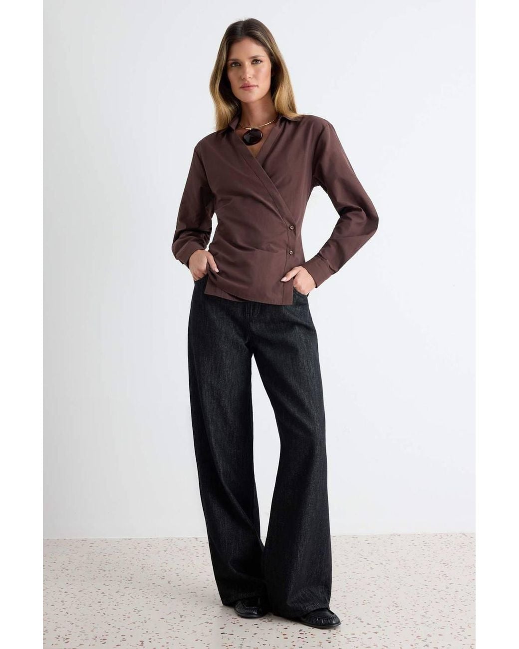 WOVCOR Brown Asymmetric Button Detail Regular Fit Long Sleeve Shirt