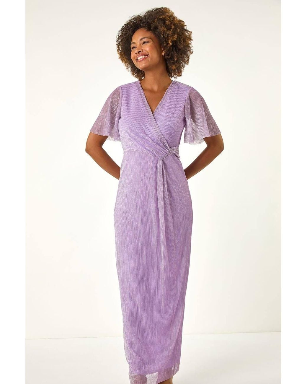 Roman Purple Metallic Plisse Bodycon Maxi Dress