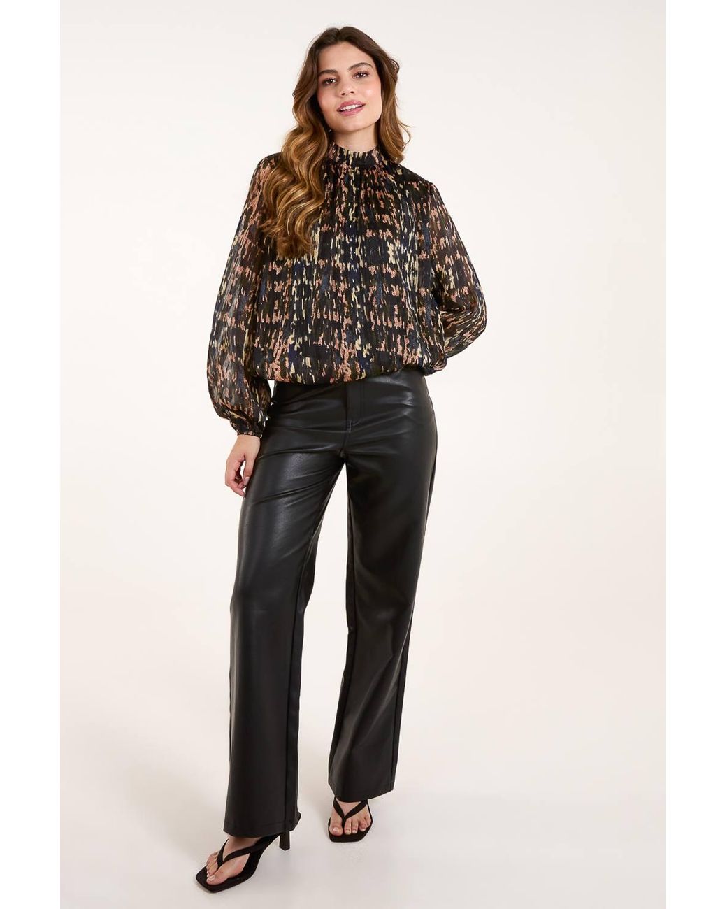 Blue Vanilla Black High Neck Abstract Cuff Sleeve Blouse
