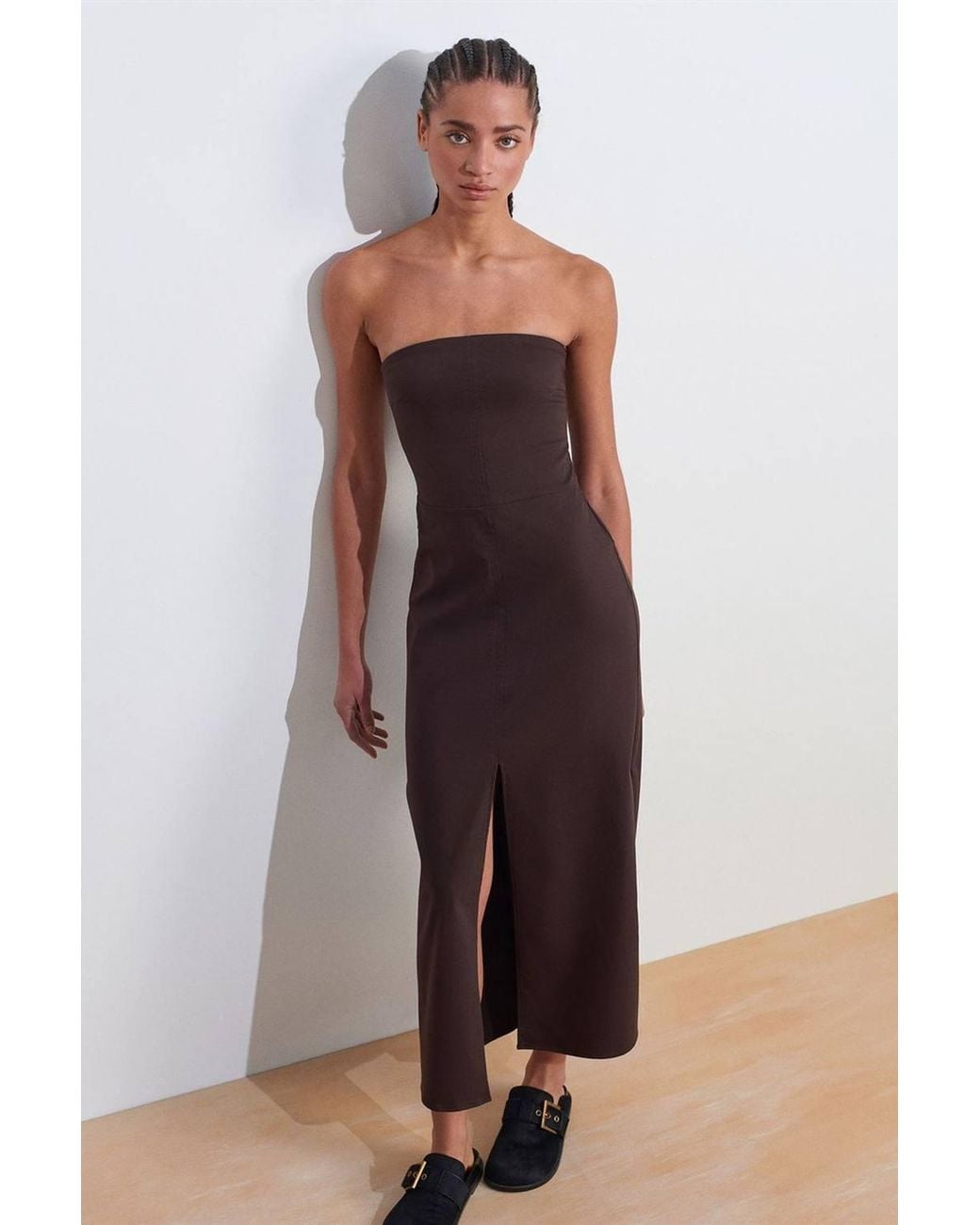 Dilvin Brown Strapless Fitted Midi Dress W/ Slit