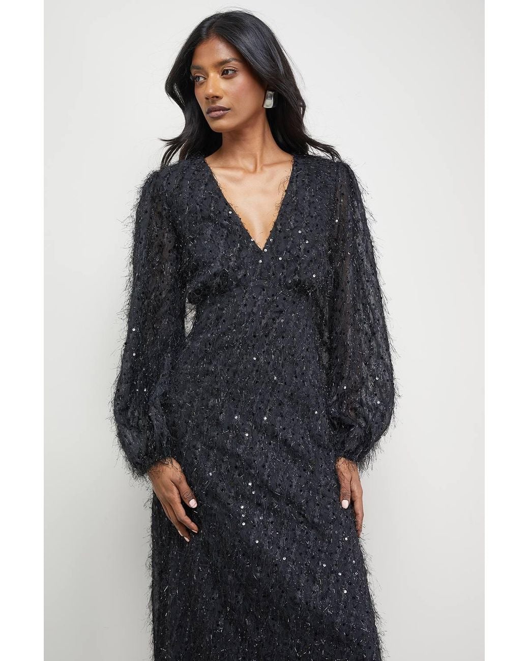 Warehouse Blue Sequin Embellished Fluffy Plunge Neck Midi Dress