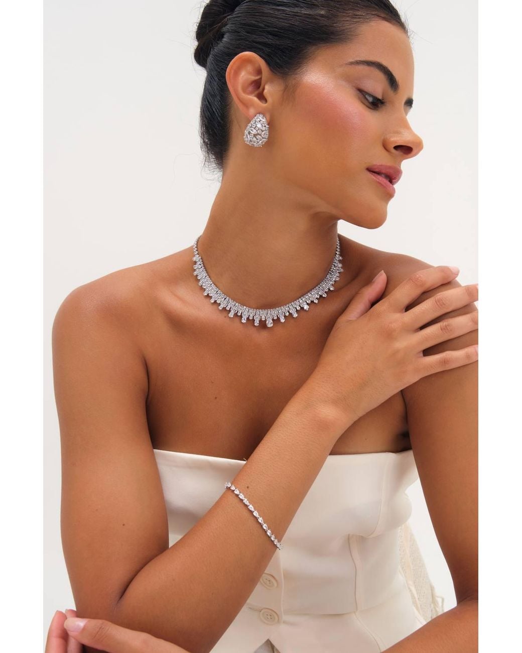 Jon Richard White Rhodium Plated & Cubic Zirconia Peardrop Collar Necklace