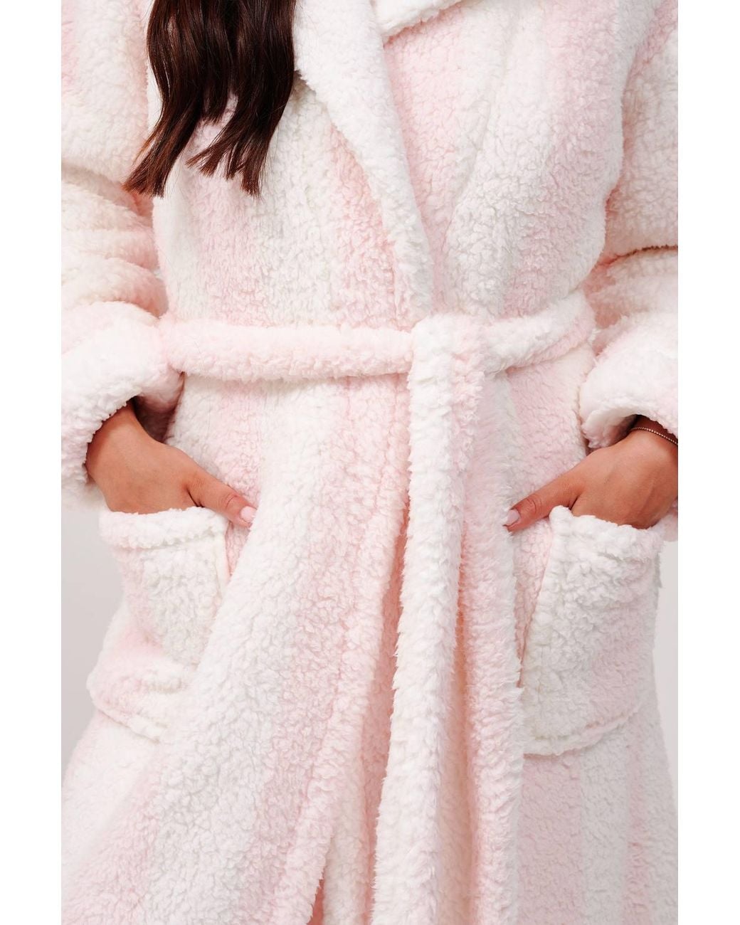 Loungeable Pink Chunky Sherpa Stripe Midi Hooded Dressing Gown