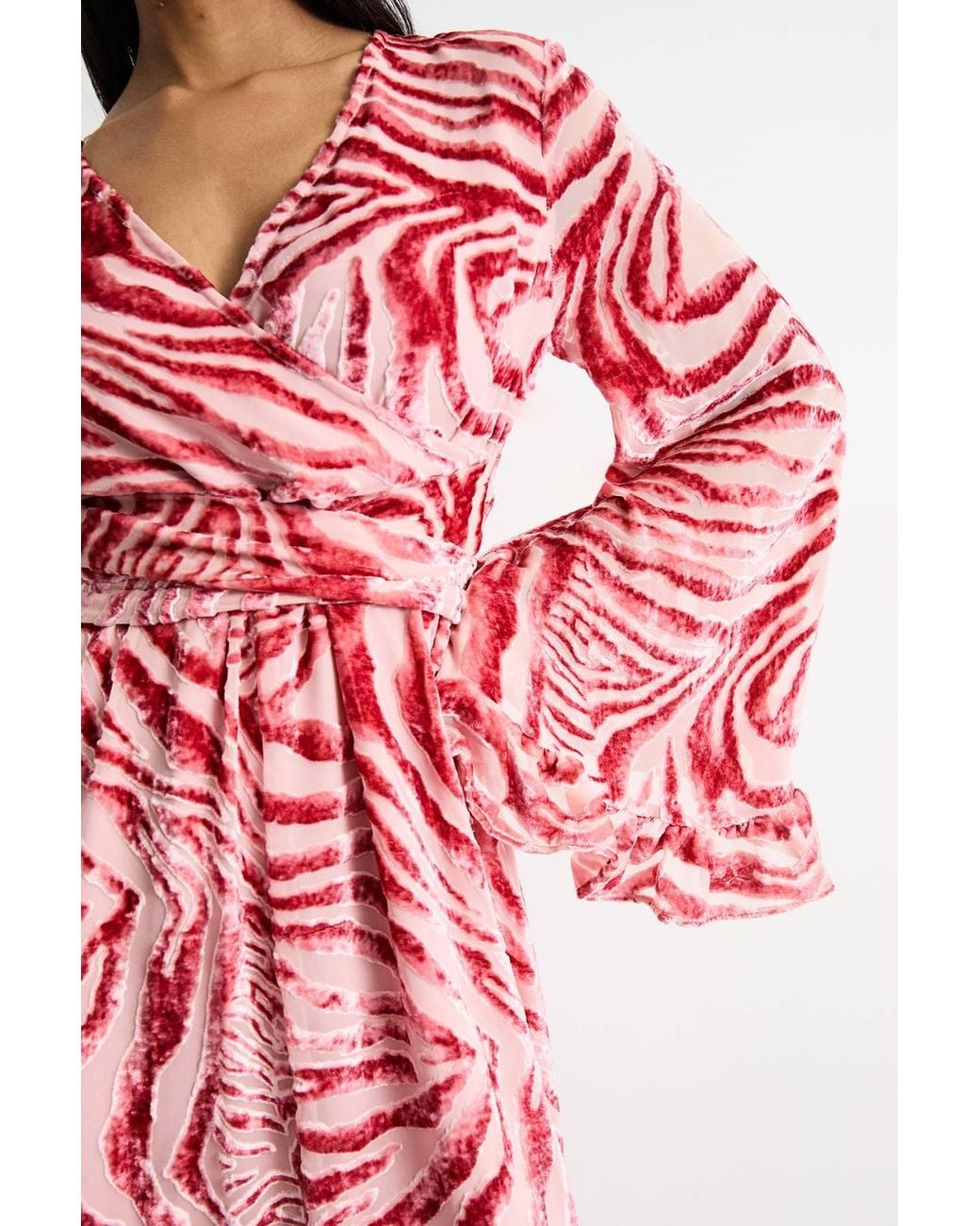 Warehouse Pink Burnout Velvet Plunge Neck Flared Sleeve Belted Maxi Dress