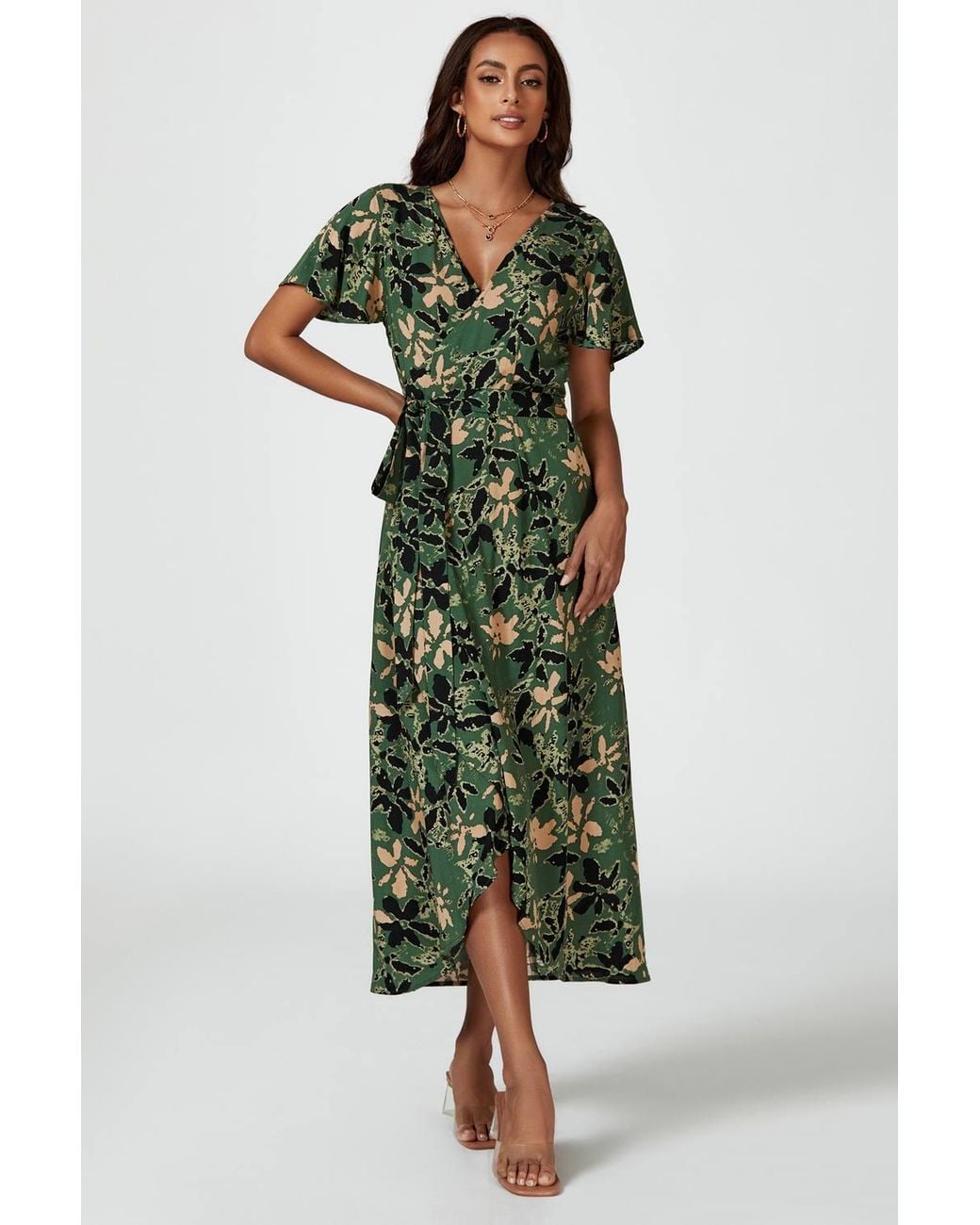 FS Collection Green Abstract Floral Wrap Maxi Dress