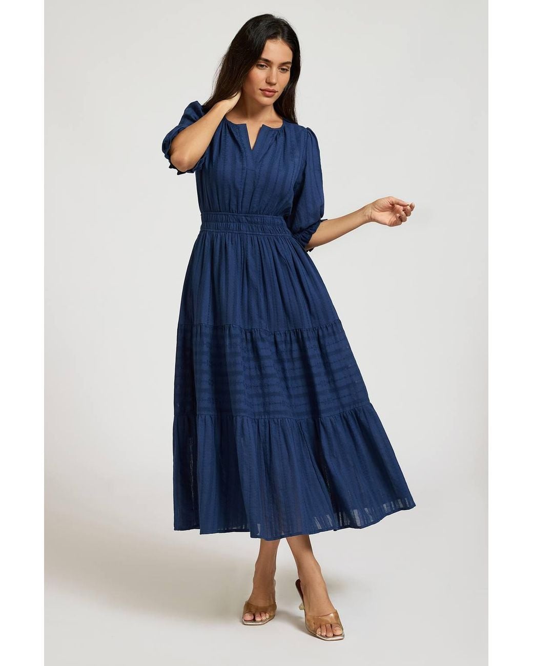 FS Collection Blue Half Sleeve Cotton Floral Jacquard Tiered Midi Dress